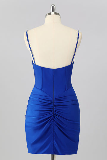Royal Blue Beaded Ruched Corset Tight Homecoming Dress
